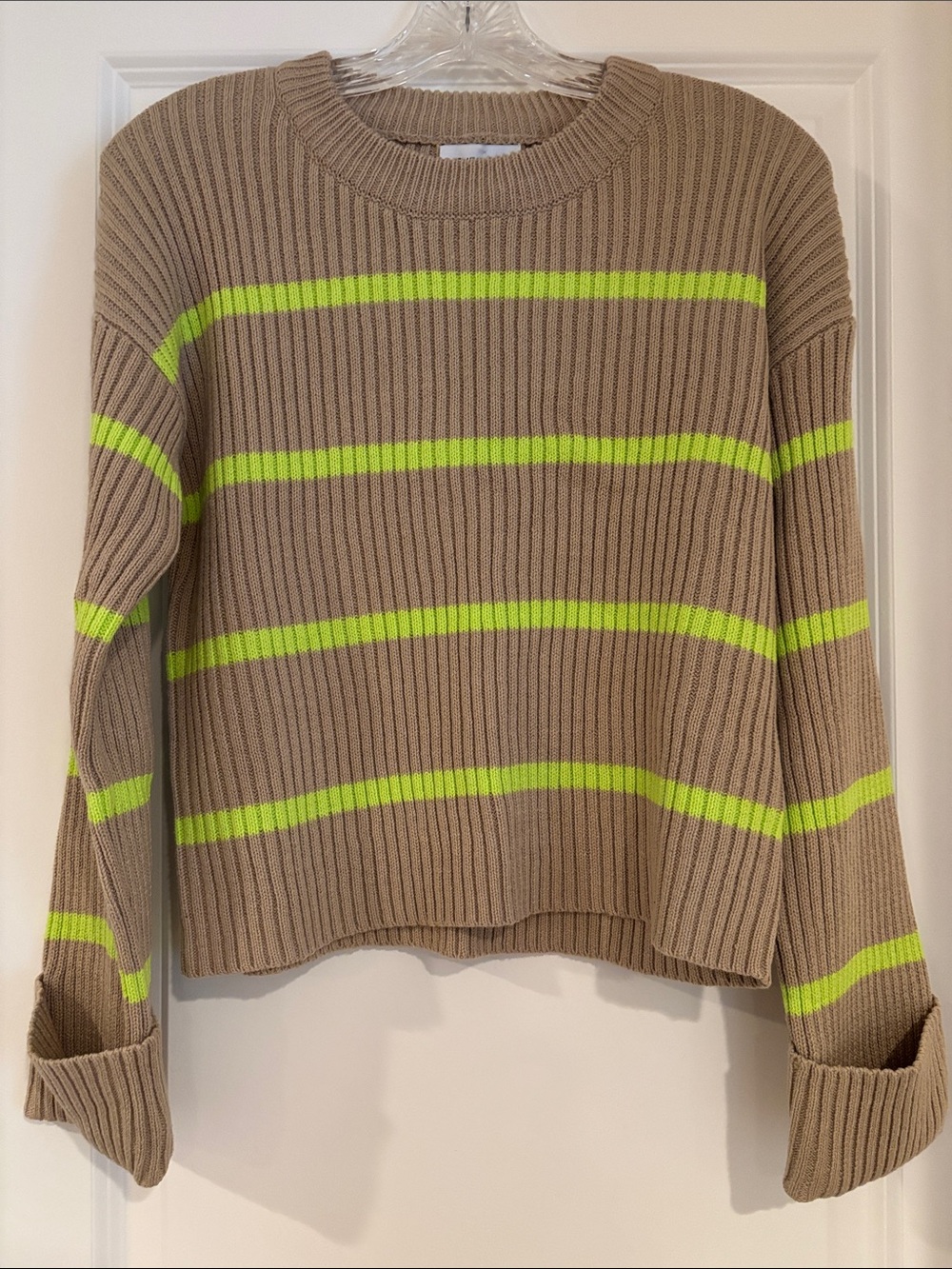 Evereve Taupe Crewneck Sweater with Neon Yellow Stripes